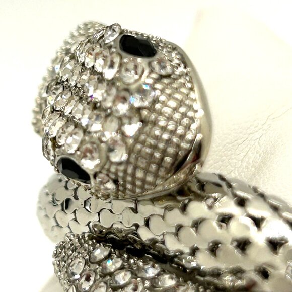 Silver Snake Memory Wire Bracelet Clear Rhinestones & Black Eyes Adjustable - Picture 10 of 11